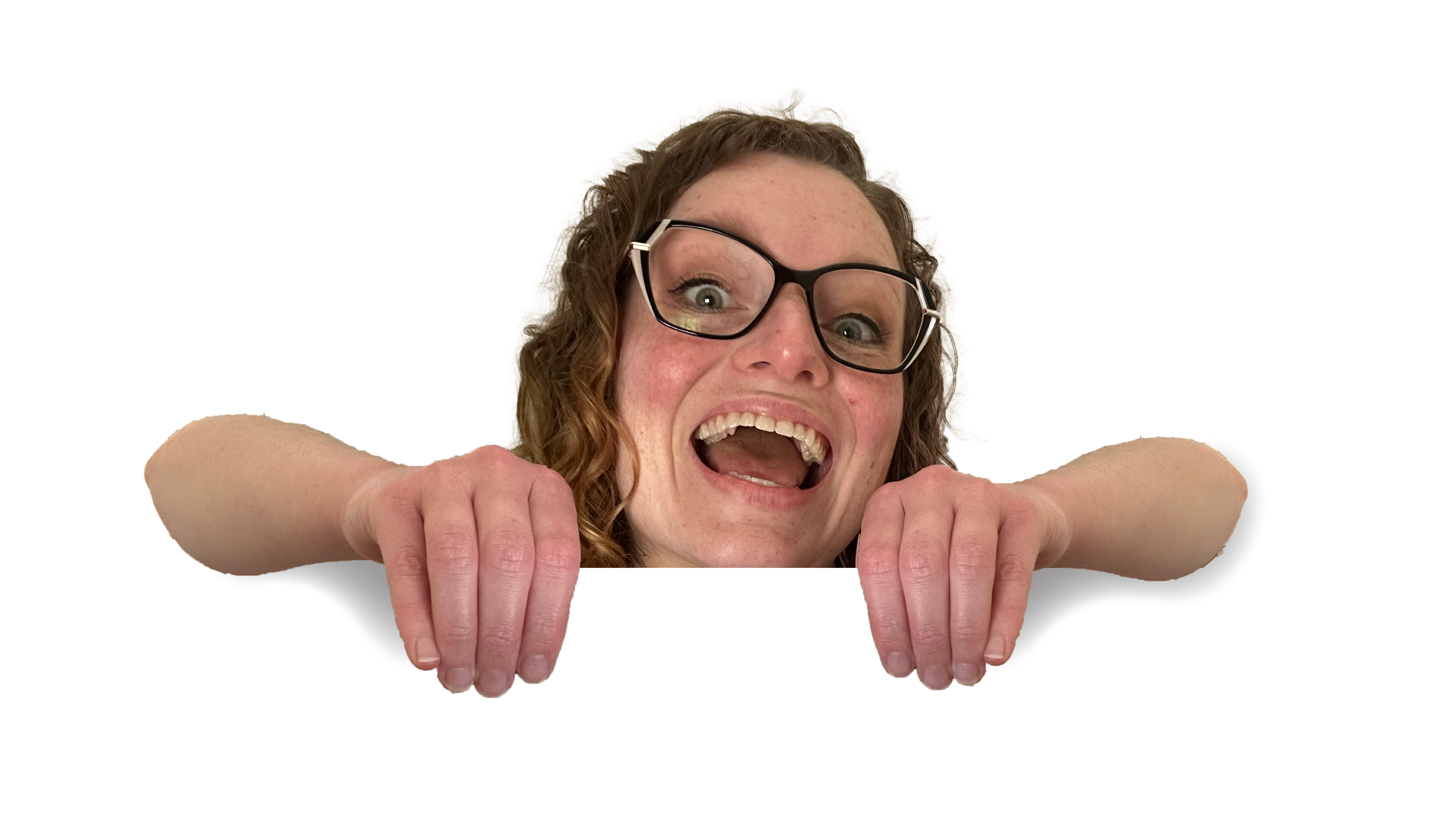 Heather popping up over the About Section with a silly smile